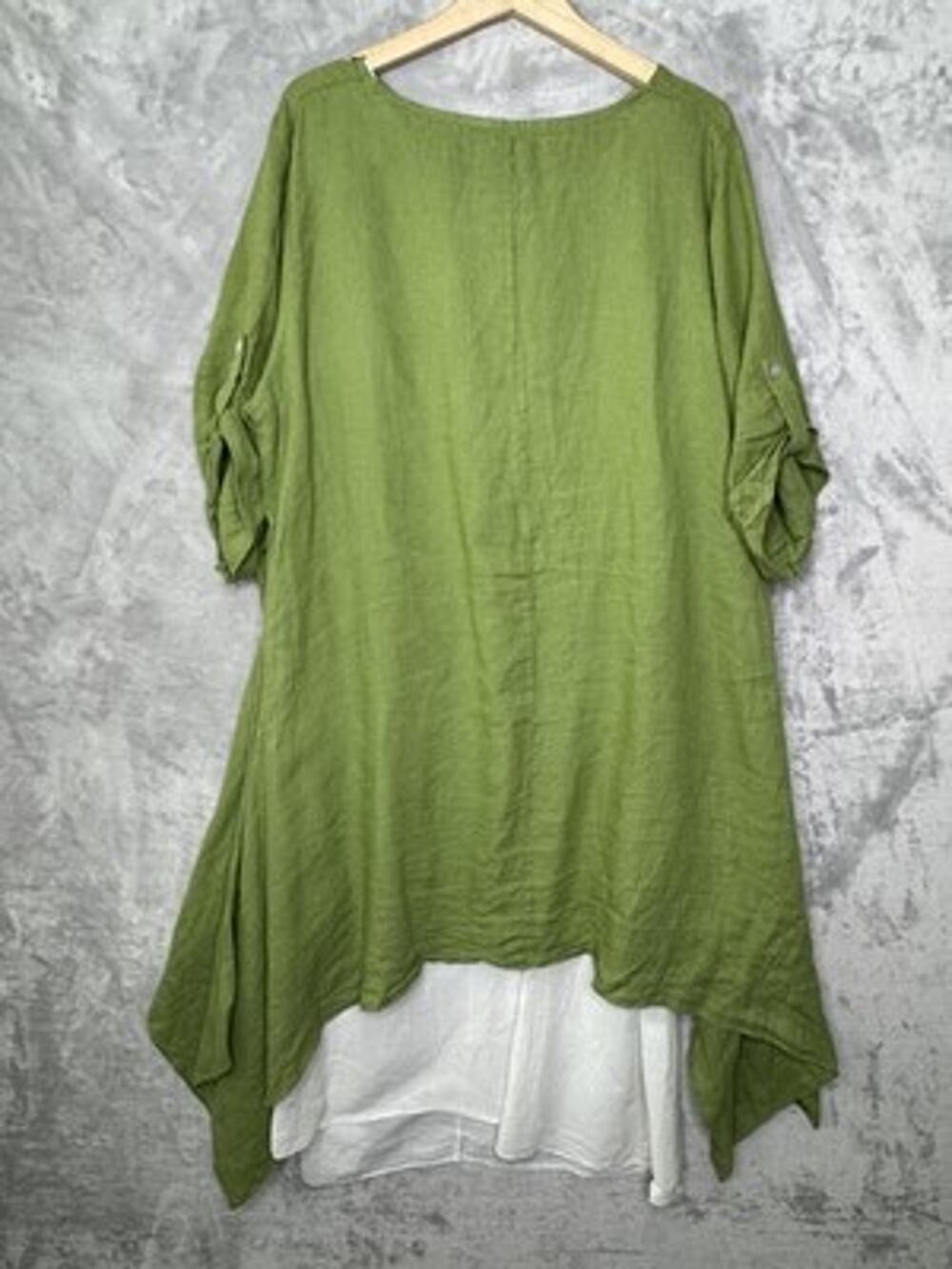 Made In Italy Dress Womens XL Green Linen Hi Low Layered Lagenlook Costal Boho